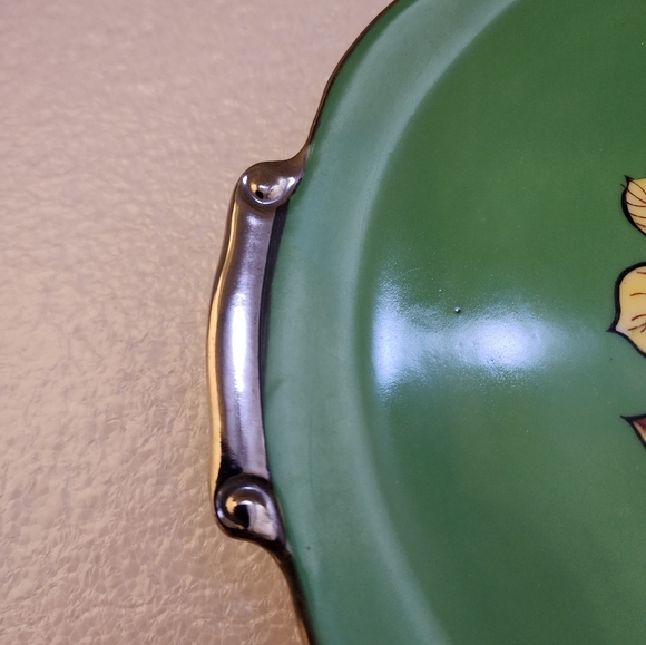 Hand Painted Silver Trimmed Scalloped Floral Vanity Trinket Candy Plate - Picture 3 of 15